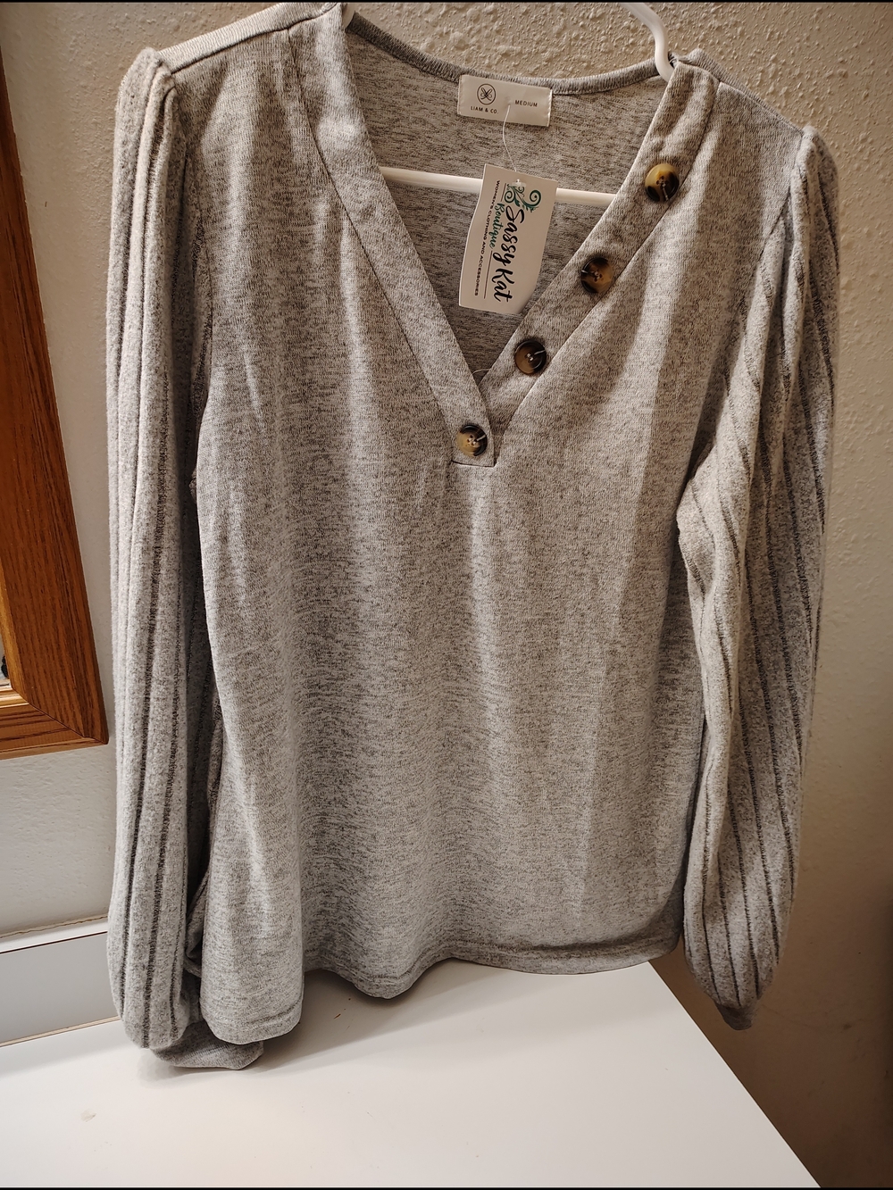 Cozy V-Neck Button Detail Women's Sweater - Light Gray